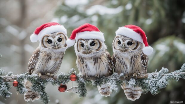 Cute Christmas wallpaper with a family of owls wearing Santa hats, perched on a decorated branch.