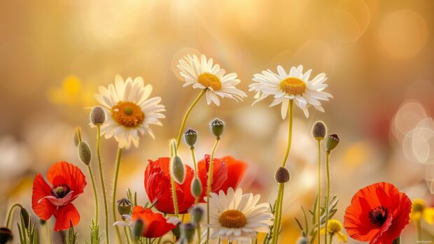 Cute Daisies and poppies in a spring field.