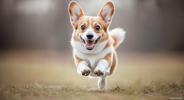 Cute Dog Background with a Corgi running towards the camera with its short legs.