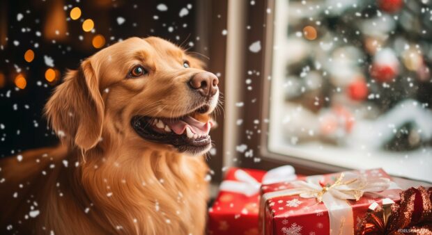 Cute Dog joyfully interacting with a pile of Christmas gifts and decorations.