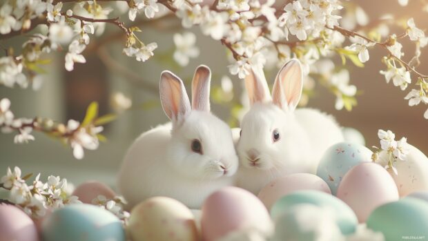 Cute Easter bunnies surrounded by pastel colored eggs and dainty spring flowers, soft light and gentle shadows.