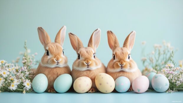 Cute Easter bunnies surrounded by pastel colored eggs and dainty spring flowers, soft light and gentle shadows.