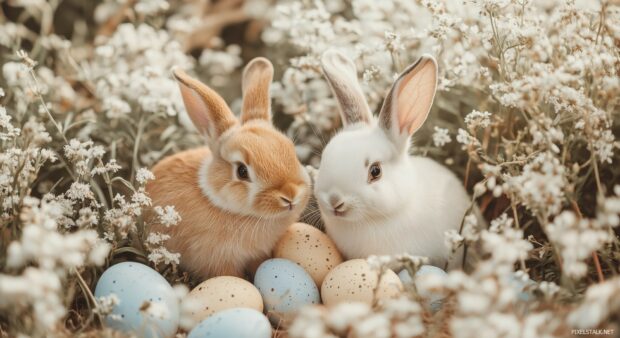 Cute Easter bunnies surrounded by pastel colored eggs and dainty spring flowers, soft light and gentle shadows.