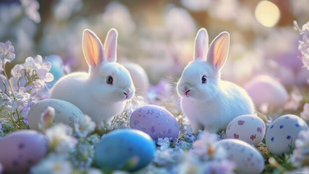 Cute Easter bunnies surrounded by pastel colored eggs and dainty spring flowers, soft light and gentle shadows.