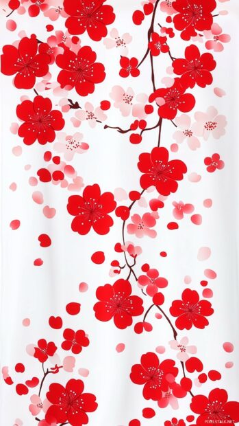 Cute Spring iPhone Background with cherry blossoms and falling petals on a white background with a soft, natural aesthetic.