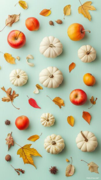 Cute Thanksgiving themed wallpaper featuring tiny, happy pumpkins, apples, and leaves scattered across a pastel background.