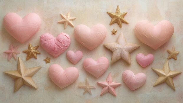 Cute Valentine Background with pastel pink hearts and stars arranged with delicate golden accents on a soft cream backdrop.