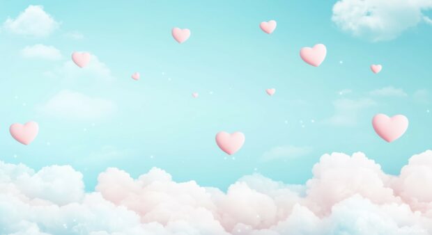 Cute Valentine Background with white clouds and pastel hearts floating in a soft blue sky background.