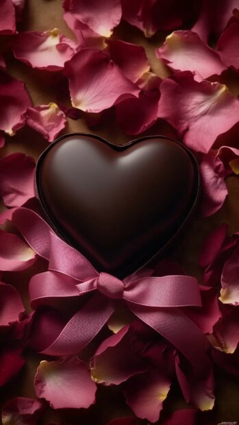 Cute Valentines Day Wallpaper with a close up of a heart shaped box of chocolates with a pink ribbon, lying on a bed of rose petals.