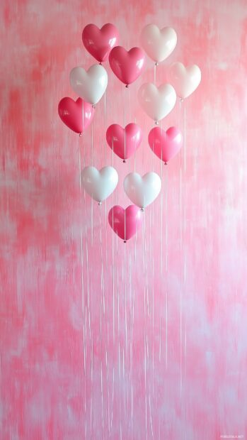 Cute Valentines Day iPhone Wallpaper with a pastel pink and red background featuring tiny heart balloons drifting upwards with soft, gentle lighting.