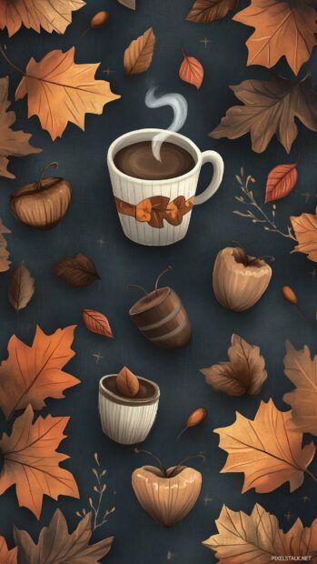 Cute acorns, autumn leaves, and little cups of hot chocolate, iPhone Wallpaper.