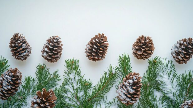 Cute and elegant snow covered pinecones and evergreen sprigs arranged on a neutral background.