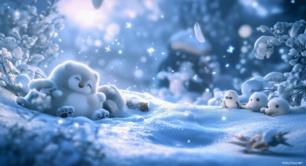 Cute animals like penguins and polar bears playing in the snow.