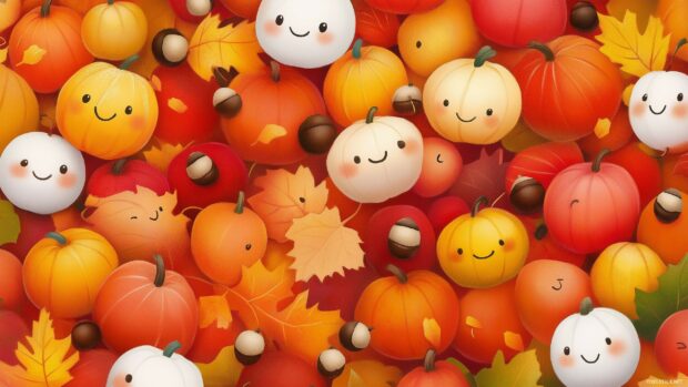 Cute autumn leaves in warm shades of orange, red, and yellow, mixed with tiny smiling acorns and pumpkins.