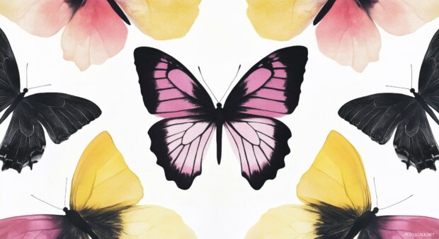 Cute butterfly computer wallpaper with soft watercolor wings in pink and yellow tones.