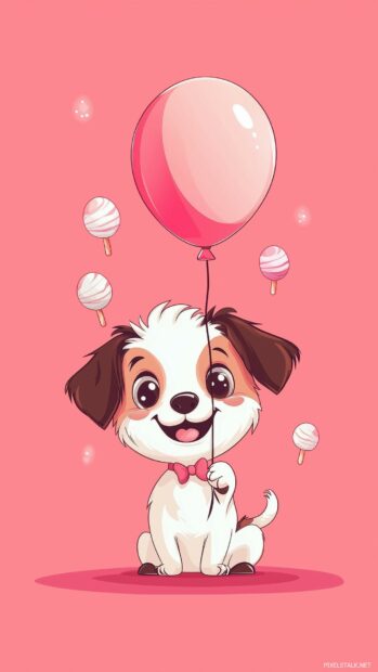 Cute cartoon dog holding a balloon, with candy and ice cream floating around, iPhone Wallpaper.