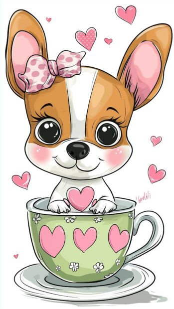 Cute cartoon dog sitting in a teacup, with small hearts and polka dots around.