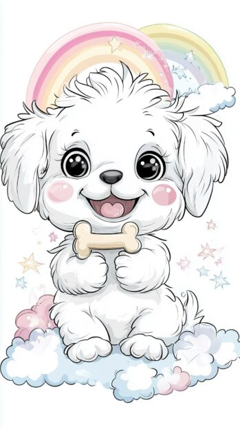 Cute cartoon puppy with a cheerful expression, holding a tiny bone in its mouth and surrounded by pastel clouds, rainbows, and sparkles.