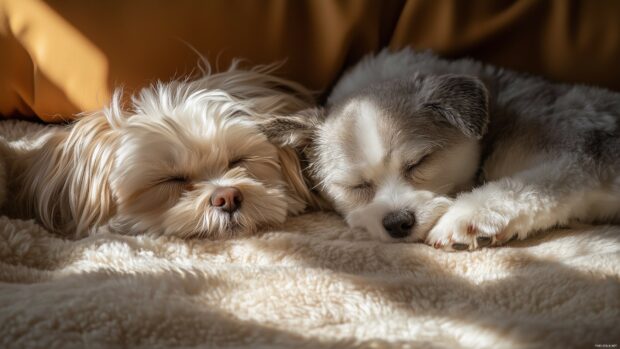 Cute cat and dog sleeping peacefully under a warm sunlight beam.