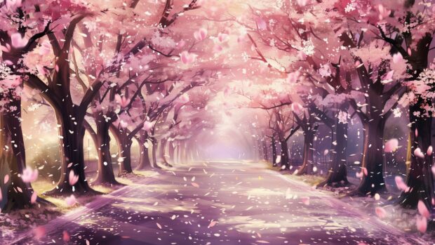 Cute cherry blossom avenue with petals gently falling in the breeze.