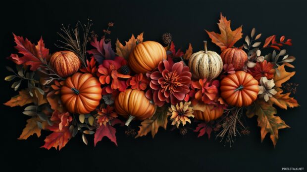 Cute desktop Thanksgiving wallpaper with a contemporary take on a harvest theme with sleek, graphic designs of pumpkins and fall elements.