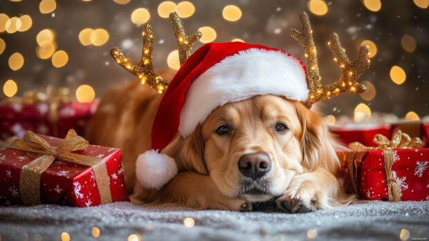 Cute dog with a Santa hat and reindeer antlers, surrounded by holiday presents.