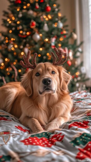 Cute dog with reindeer antlers, joyfully lying on a Christmas themed blanket.