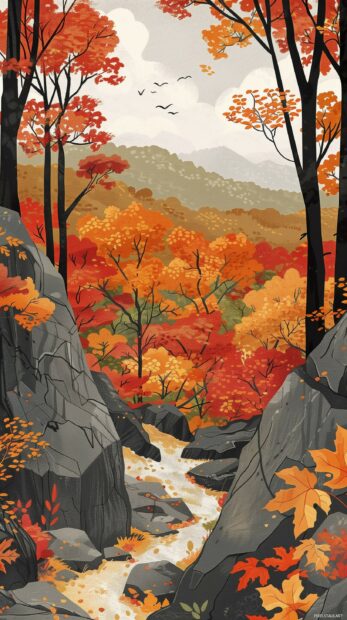 Cute iPhone Autumn wallpaper with a scenic mountain landscape in fall.