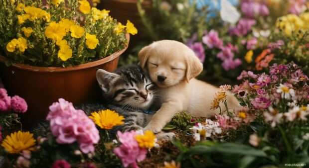 Cute kitten and puppy playing in a garden, colorful flowers in the background.