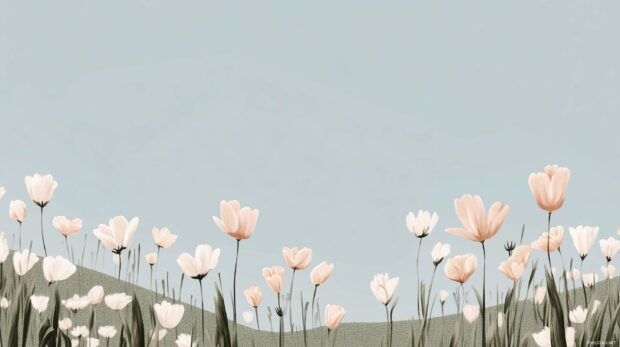 Cute minimalist spring flowers scene with soft pastel flowers blooming on a grassy hill under a clear blue sky.