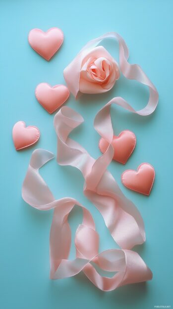 Cute pink ribbon and heart shapes forming a delicate, simple pattern over a pastel backdrop, Cute Valentines Day Wallpaper.