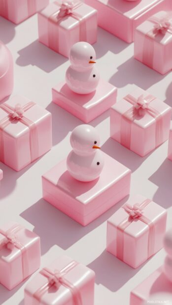 Cute pink snowmen and gift boxes for Pink Christmas Wallpaper.