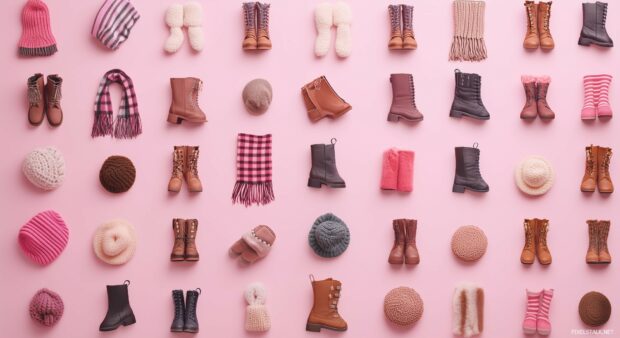 Cute preppy winter boots, scarves, and woolen hats.