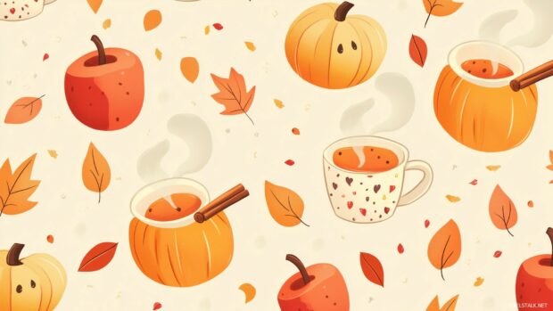 Cute pumpkins, apples, and cinnamon sticks arranged in a cozy autumn pattern, with tiny details of falling leaves and steaming cups of cider.