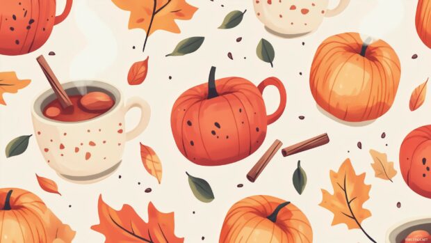 Cute pumpkins, apples, and cinnamon sticks arranged in a cozy autumn pattern, with tiny details of falling leaves and steaming cups of cider.