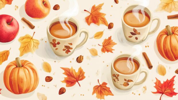 Cute pumpkins, apples, and cinnamon sticks arranged in a cozy autumn pattern, with tiny details of falling leaves and steaming cups of cider.