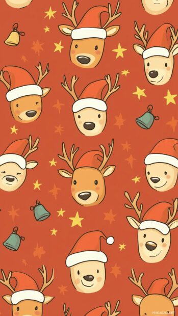 Cute reindeer faces with tiny Santa hats, mixed with festive stars and bells.