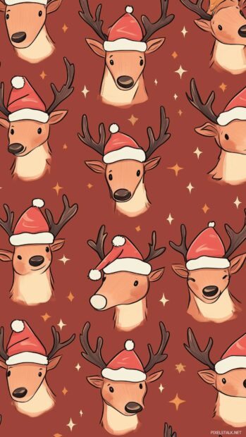 Cute reindeer faces with tiny Santa hats, mixed with festive stars and bells, Preppy Christmas Wallpaper.