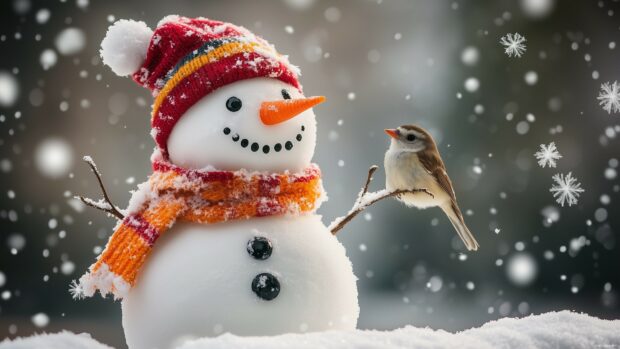 Cute snowman with a bright scarf and hat, surrounded by snowflakes and a cute little bird perched on its arm.