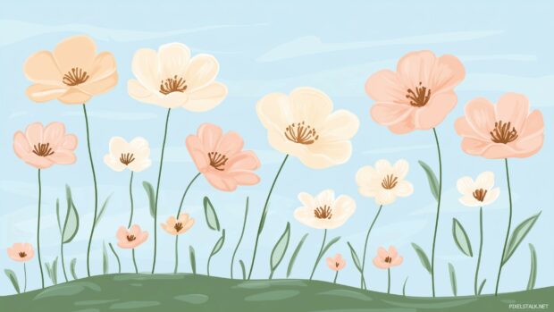 Cute spring desktop background with soft pastel flowers blooming on a grassy hill under a clear blue sky.