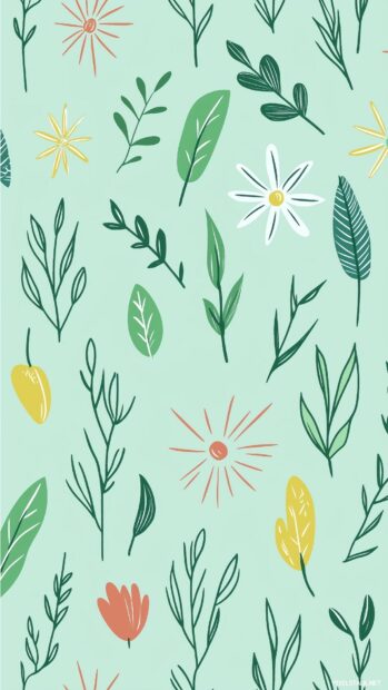 Cute spring icons like flowers, butterflies, sunbursts, and fresh leaves on a soft mint green background.