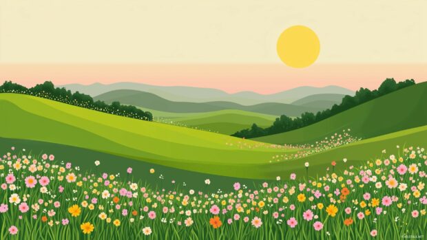 Cute spring landscape background with rolling green hills, a small patch of colorful flowers, and a pastel gradient sky.