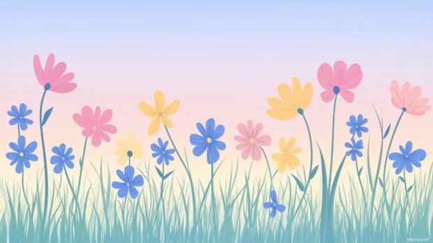 Cute spring meadow with cute wildflowers in pink, yellow, and blue, a soft gradient sky in the background.