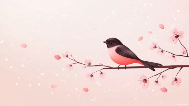 Cute springtime background with a single tiny bird perched on a blooming branch with soft focus petals in the background.