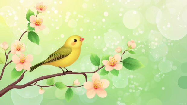 Cute springtime photo with a single tiny bird perched on a blooming branch with soft focus petals in the background.