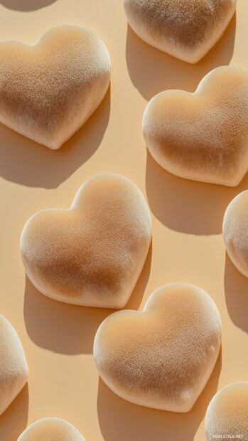 Cute textured velvet hearts, creating a repeating pattern on a pale peach background.