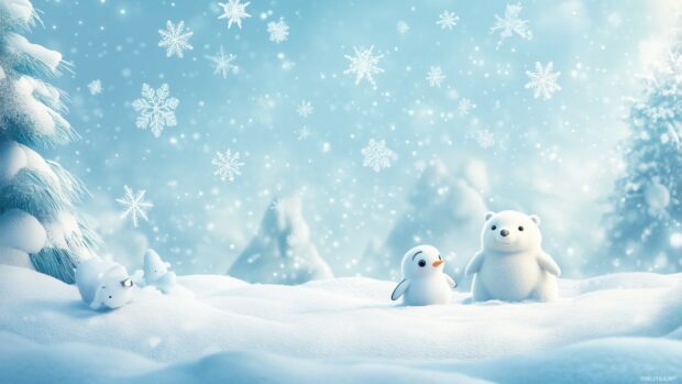 Cute winter HD desktop wallpaper with cute animals like penguins and polar bears playing in the snow.