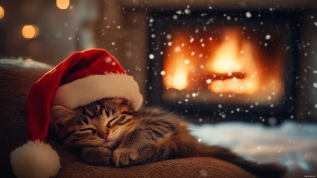 Cute winter desktop wallpaper 4K with a fluffy kitten wearing a Santa hat.