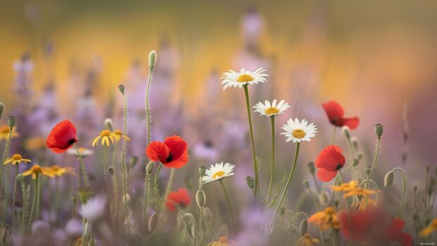 Daisies and poppies in a spring field.