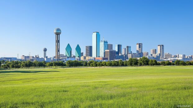 Dallas skyline with a clear sky backdrop, highlighting the geometric architecture of the city high rise buildings and the sprawling cityscape.